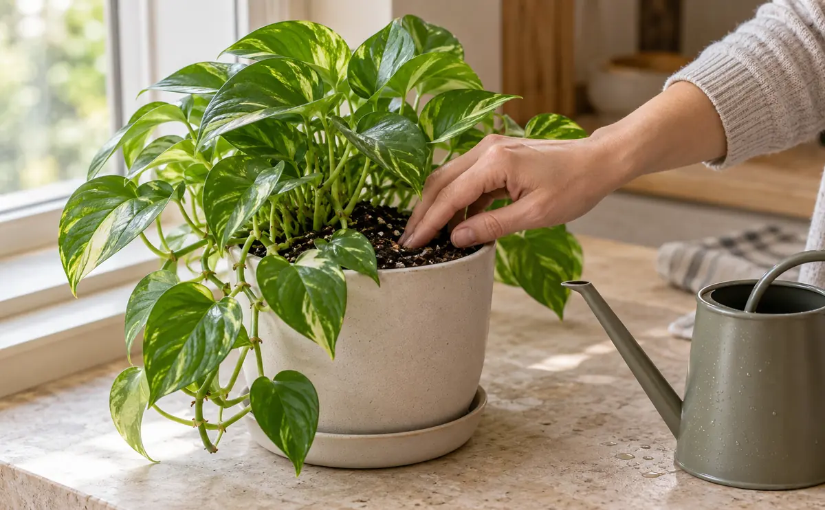 بررسی رطوبت خاک پتوس پیش از آبیاری در کنار پنجره